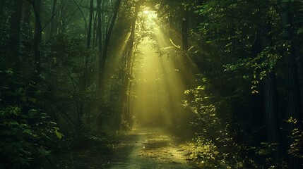Obraz premium Sunbeams through forest path. Mystical woodland scenery with sunrays piercing through the foliage, illuminating a forest trail.