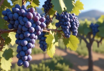 Fototapeta premium blue wine grapes on branch and blurred background, ai