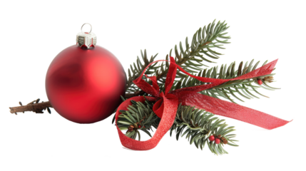 red christmas balls decoration with evergreen fir branches isolated on white or transparent png