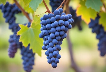 Fototapeta premium blue wine grapes on branch and blurred background, ai
