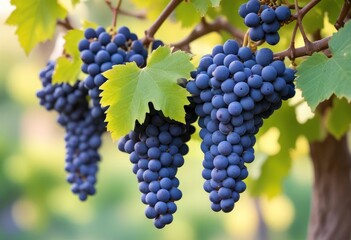 blue wine grapes on branch and blurred background, ai