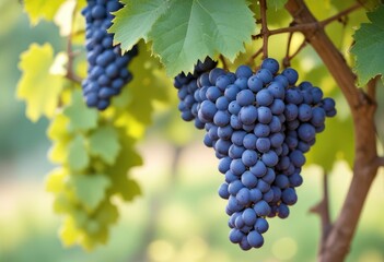Fototapeta premium blue wine grapes on branch and blurred background, ai