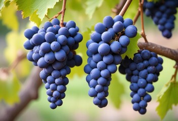 Naklejka premium blue wine grapes on branch and blurred background, ai