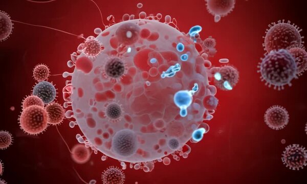 Microscopic Siege: A 3D render of a human cell under viral attack, showcasing the relentless onslaught of infectious agents. Ideal for medical, scientific, and educational content. 