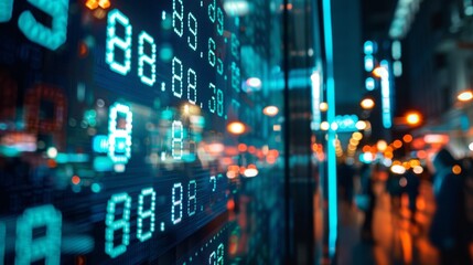 Digital display of numbers and city lights. A close-up view of a digital display showing numbers in a city setting, with blurred lights illuminating the scene.