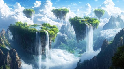 A dreamlike landscape with floating islands and waterfalls cascading into the sky.