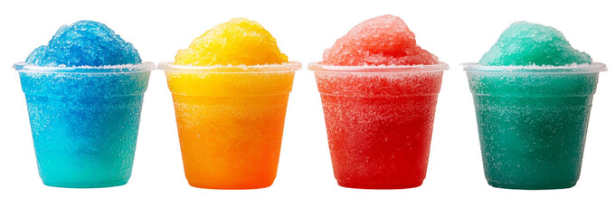 4 rainbow colored snow cone slushie in plastic cups isolated on a white background.