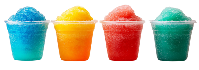 4 rainbow colored snow cone slushie in plastic cups isolated on a white background.