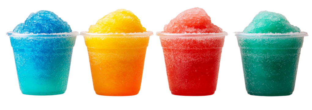 4 rainbow colored snow cone slushie in plastic cups isolated on a white background.