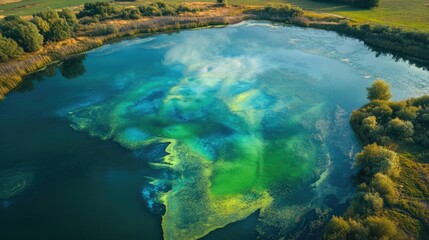 Fototapeta premium A high-angle shot of a reservoir with a noticeable bloom of blue-green algae.