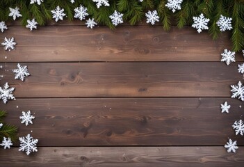 christmas snowflake background on wooden table with copy space, ai