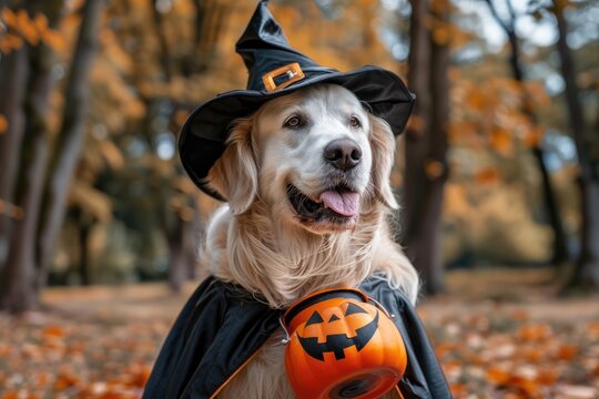 A white golden retriever dog dressed in black wizard costume with hat and cape, holding Halloween pumpkin bucket