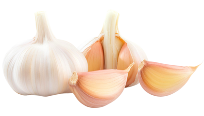Fresh garlic bulb with peeled cloves, perfect for culinary use and health benefits, on a white background.