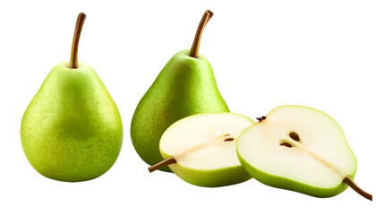Fresh green pears with one sliced in half, showcasing its juicy interior, perfect for healthy recipes or fruit-themed designs.