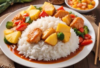 asian food, chicken and vegetables in sweet sour ananas pineapple sauce and rice on plate, ai