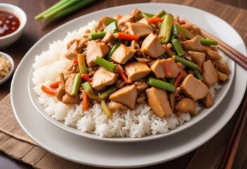 asian food, Chop Suey sauce with chicken and rice on plate, ai