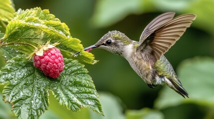 Obraz premium Hummingbird Feeding on Raspberry