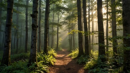Obraz premium Hiking trail through natural green beech forest in the morning light, the sun shines through the morning mist