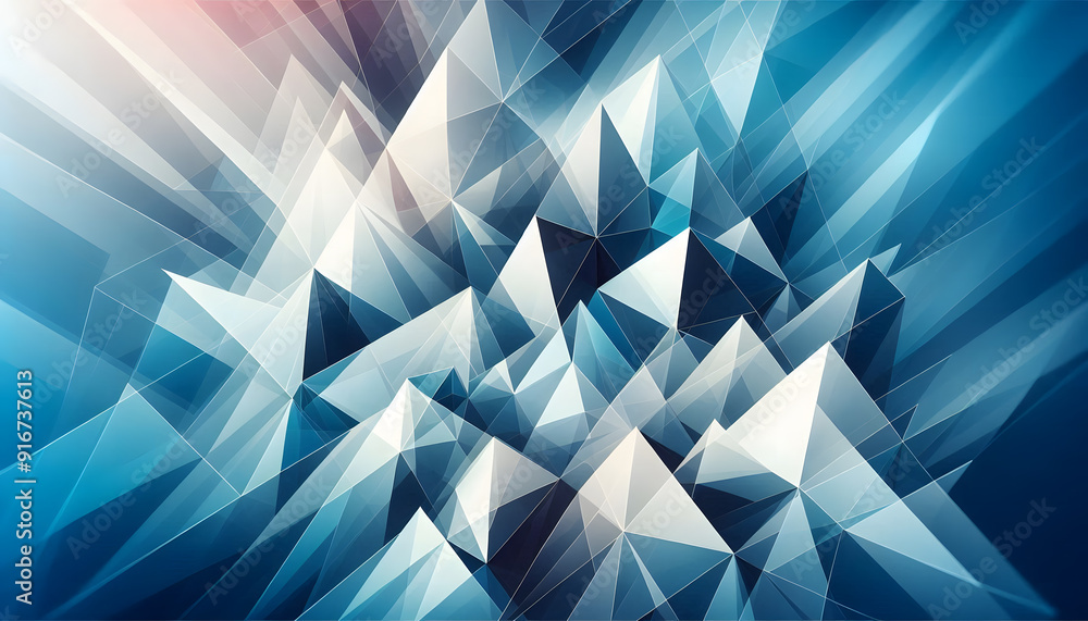 Poster A geometric abstract background with overlapping triangles in shades of blue and white, creating a sense of depth and movement.