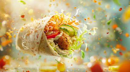 An artistic depiction of a solitary flying falafel wrap, featuring hummus, tzatziki sauce, shredded lettuce, tomato, cucumber, and pickled vegetables