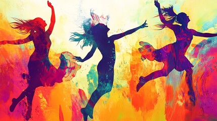 Three Silhouettes of Women Dancing in an Abstract Background