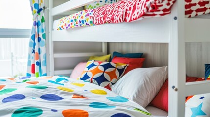 A playful kids bunk bed set with colorful bedding