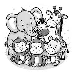 Naklejka premium cartoon animal character. Elephant, Zebra, Giraffe, Monkey and Gazelle line art illustration for children coloring pages. Clean simple line drawing on white background. set of cute animals silhouette