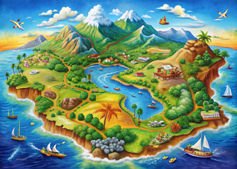 Obraz premium Vibrant, detailed map of Maui, Hawaii, showcasing roads, beaches, volcanoes, and natural attractions, with colorful illustrations and textures, perfect for travel or educational contexts.