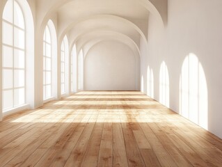 Fototapeta premium A large, empty room with wooden floors and white walls. The room is very bright and spacious, with sunlight streaming in through the windows. The emptiness of the room gives it a sense of calm