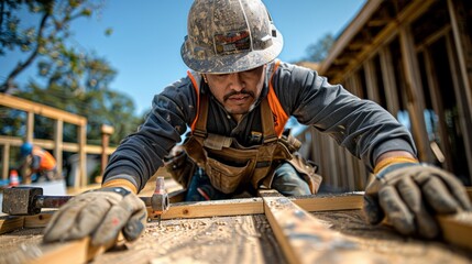Skilled carpenter working diligently on a construction site during daylight hours in a suburban neighborhood