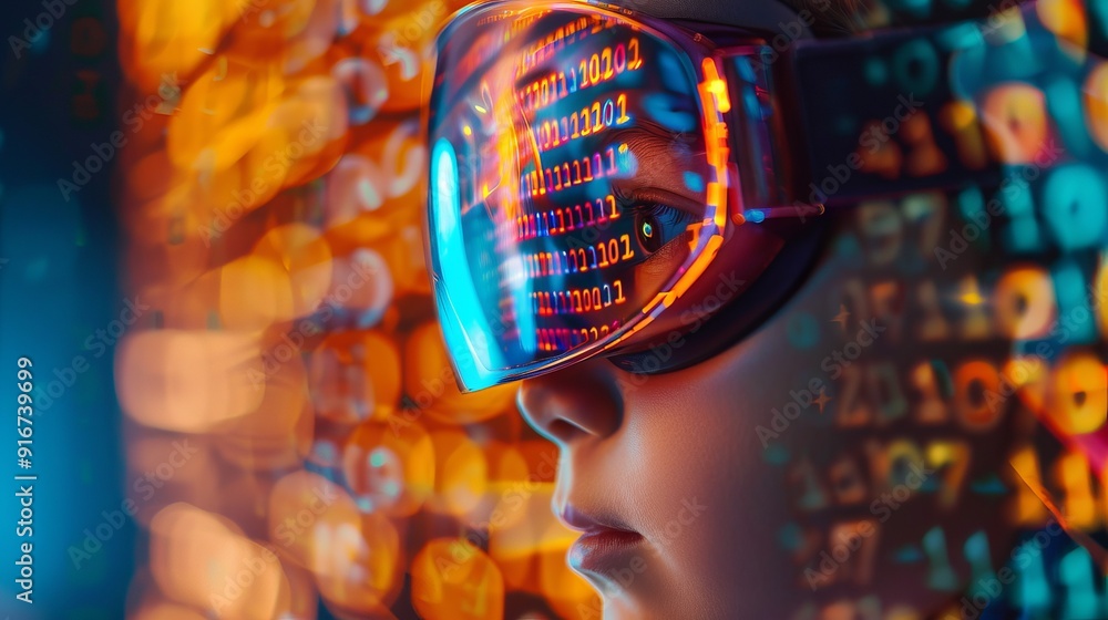 Aufkleber futuristic goggles reflecting digital code. close-up image of a person wearing futuristic goggles th