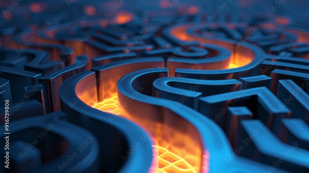 Poster abstract blue labyrinth with glowing center. a digital illustration of a complex blue maze with a br