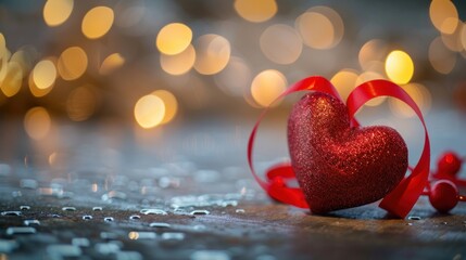 Fototapeta premium A red heart with a ribbon on a table with blurry lights in the background