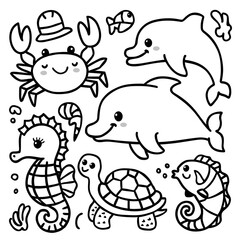 Obraz premium Sea animals character. cute Crab, Dolphin, Turtle, Seahorse and Fish line art illustration for children coloring book pages. Clean simple line drawing on white background. set of Cartoon cute animals