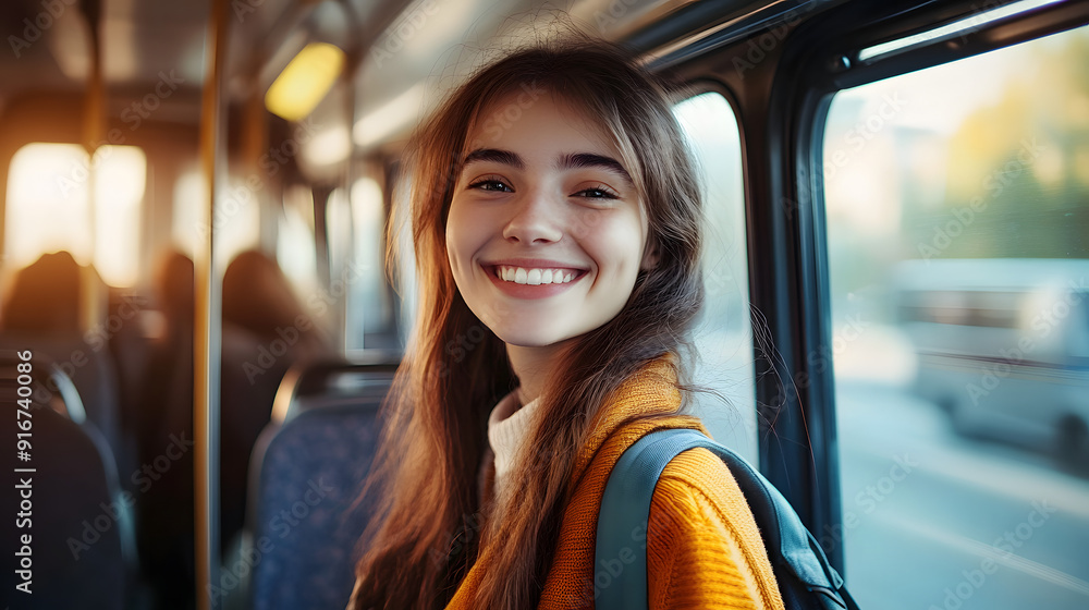 Poster Portrait of a happy young student woman traveling by bus to go to college or work , taking public transport.