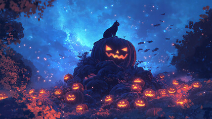 Black cat perched on glowing jack-o-lantern in a spooky forest, halloween