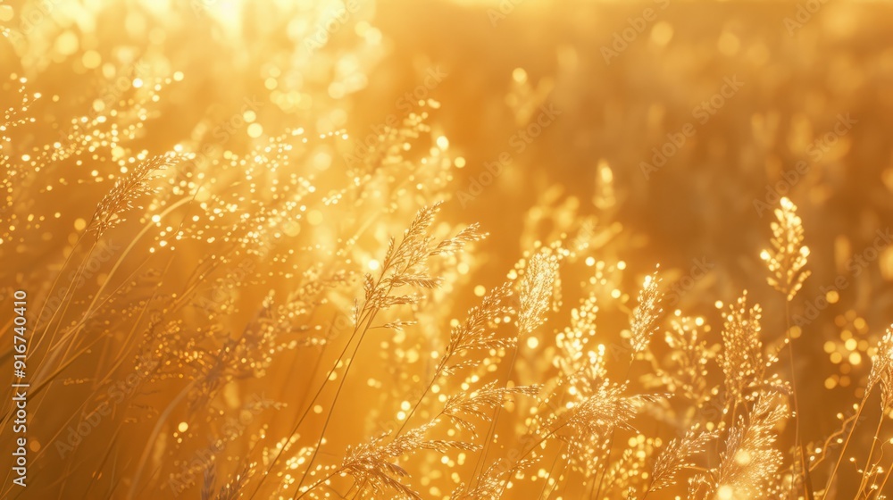 Poster golden grass in the sunset light. a field of grass illuminated by the warm glow of the setting sun, 