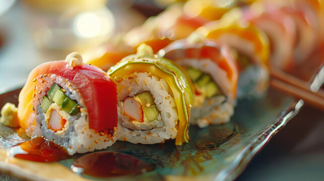 Indulge in an upscale dining experience with Futo maki sushi rolls filled with a delicious combination of egg omelet, crab stick, cucumber, and pickled vegetables