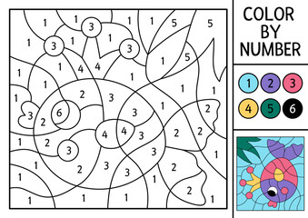 Vector mermaid color by number activity with cute fish with crown. Marine landscape scene. Black and white counting game. Ocean kingdom coloring page for kids with water animal or sea princess