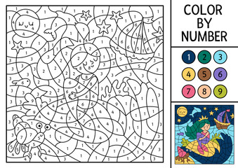 Vector mermaid color by number activity with cute sea princess, ship, night sky. Marine landscape scene. Black and white counting game. Ocean kingdom coloring page for kids with water animal