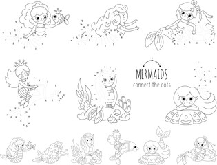 Vector dot-to-dot and color activities set with cute mermaids. Ocean kingdom connect the dots games collection with sea princess. Marine coloring page for kids. Underwater printable worksheet
