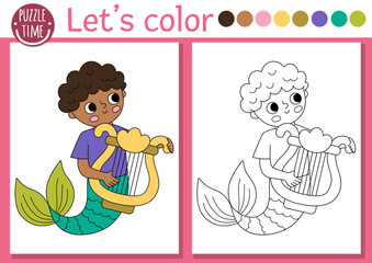 Mermaid coloring page for children with cute sea prince. Vector ocean kingdom outline illustration. Color book for kids with colored example. Underwater drawing skills printable worksheet