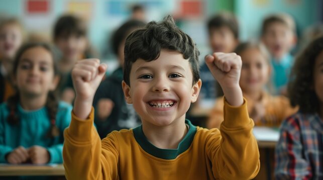 Kids excited for the new semester in a welldecorated schoolroom, illustrating their enthusiasm and the fresh start of the academic year 8K , high-resolution, ultra HD,up32K HD
