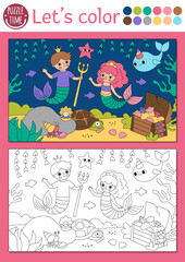 Mermaid coloring page for children with sea prince and princess. Vector outline illustration with ocean kingdom scene. Color book for kids. Underwater drawing skills printable worksheet