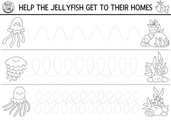 Vector handwriting practice worksheet with jellyfish and seaweed houses. Ocean kingdom printable black and white activity for preschool children. Tracing game, coloring page for writing skills © Lexi Claus