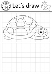 Draw the turtle. Vector ocean drawing practice worksheet with water animal. Underwater printable black and white activity for kids. Marine copy or complete the picture coloring page