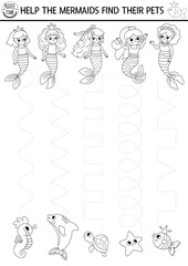 Vector mermaid handwriting practice worksheet. Ocean kingdom printable black and white activity for preschool children. Tracing game for writing skills. Coloring page with water animals, sea princess