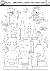 Trace the mermaid castle. Vector ocean kingdom drawing practice worksheet. Printable black and white activity for kids. Fairytale coloring page with sea princess house. Decorate underwater palace