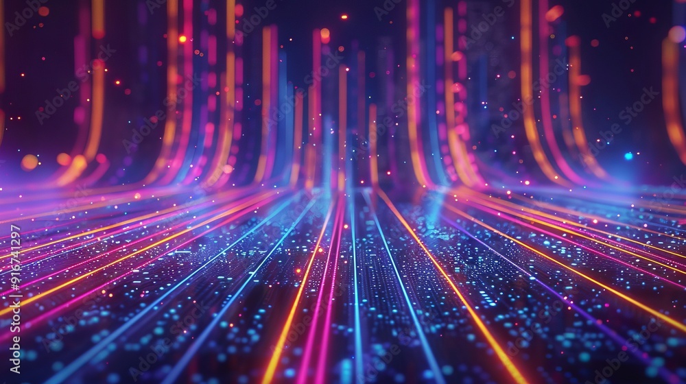 Poster abstract neon lines and glowing particles background. futuristic abstract background with vibrant ne