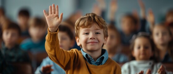 Fototapeta premium Children eagerly raising their hands to answer questions in a vibrant classroom, with a blurred background highlighting the backtoschool concept 8K , high-resolution, ultra HD,up32K HD